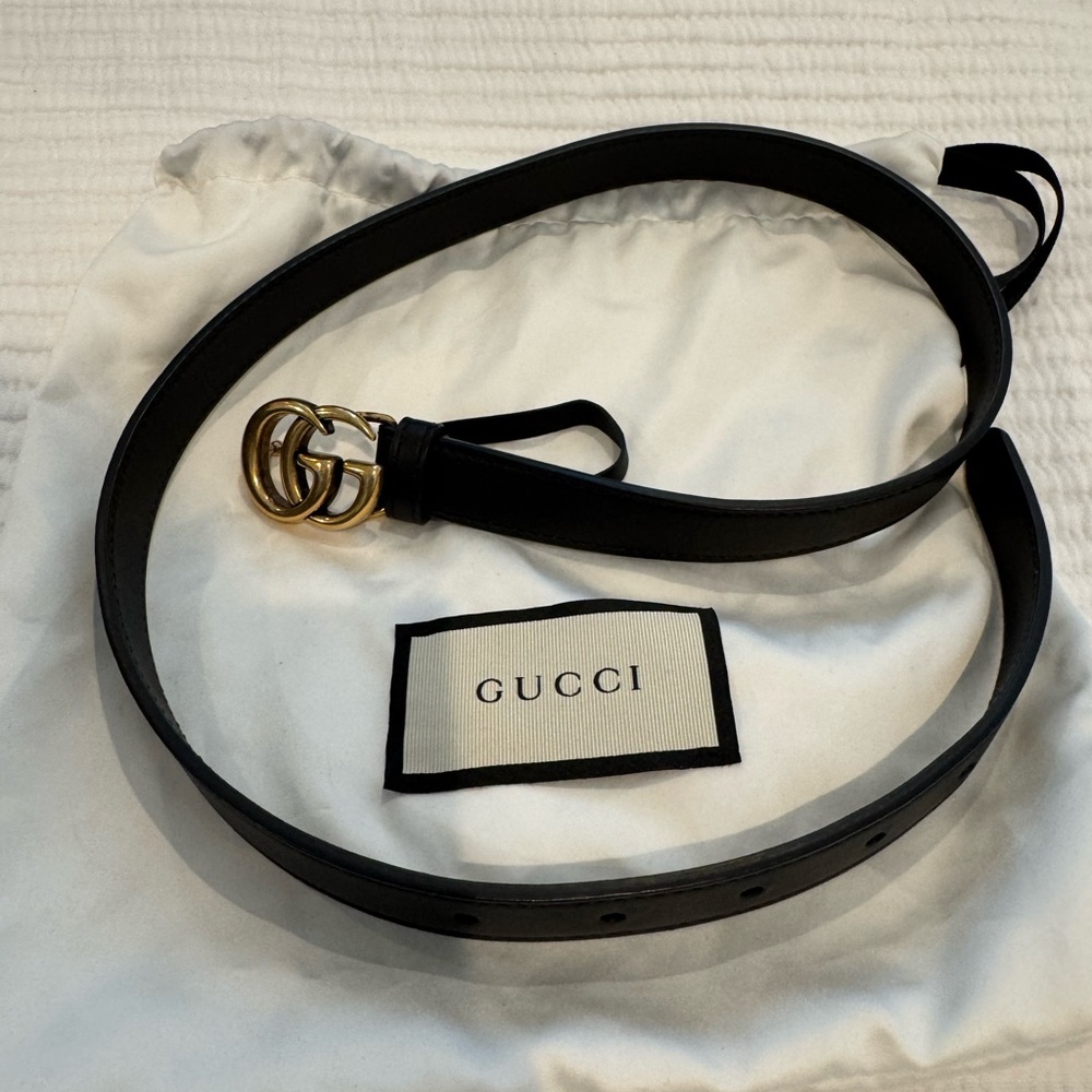 Gucci GG Marmont Thin Black Leather Belt with Gold Buckle
